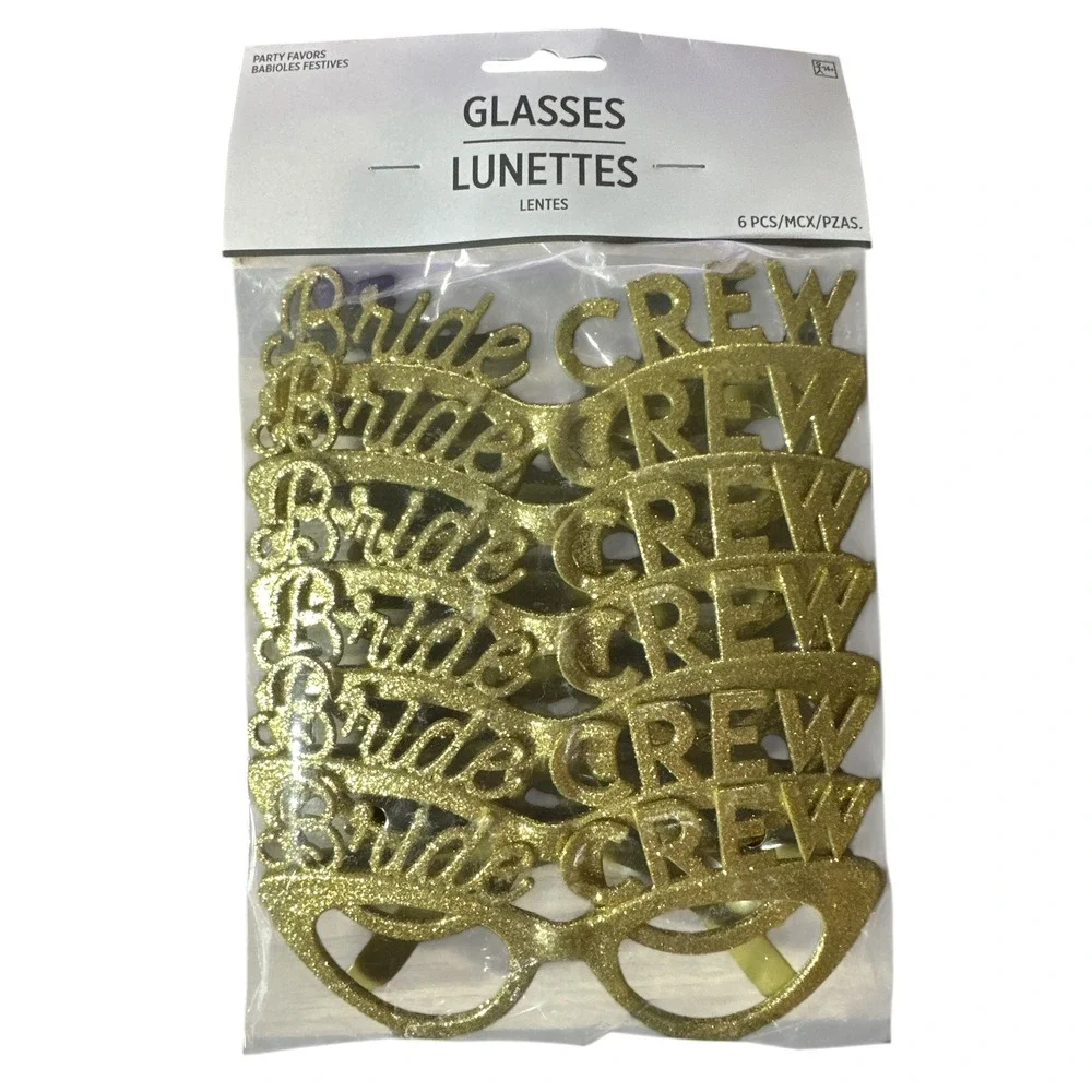Bride Crew Party Favor Eye Glasses Gold Sparkle Glitter 6 pc Bachelorette Party
